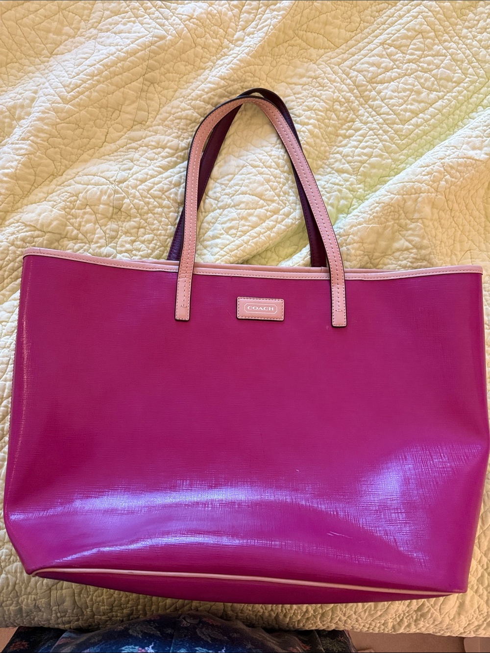 Coach Glossy Fuchsia Tote with Light Pink Trim